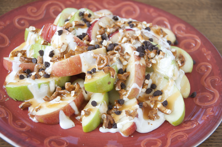 Sweet and Salty Apple Nachos Recipe.  If you love caramel apples, you will love these "nachos" for snack or dessert.