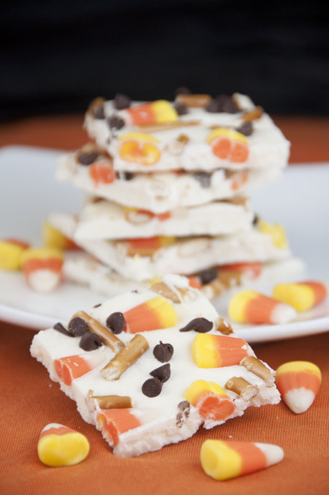 Candy Corn White Chocolate Bark made with pretzels, chocolate chips, and candy: fun treat for kids for Halloween!