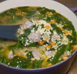 Mini meatballs made of ground beef and pork combined with fresh vegetables to make this delicious Italian soup. Great easy comfort food for cold nights!