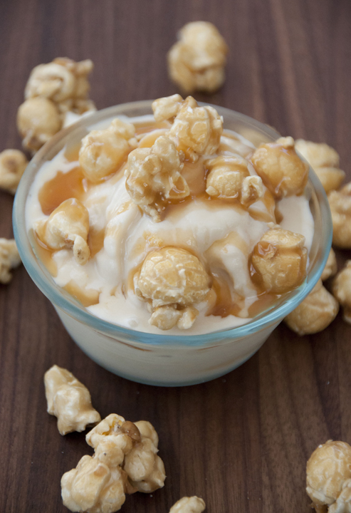 The soft serve ice cream is just soft enough to stir in crushed caramel popcorn, and for extra fun, is sprinkled with whole caramel popcorn and caramel drizzle.