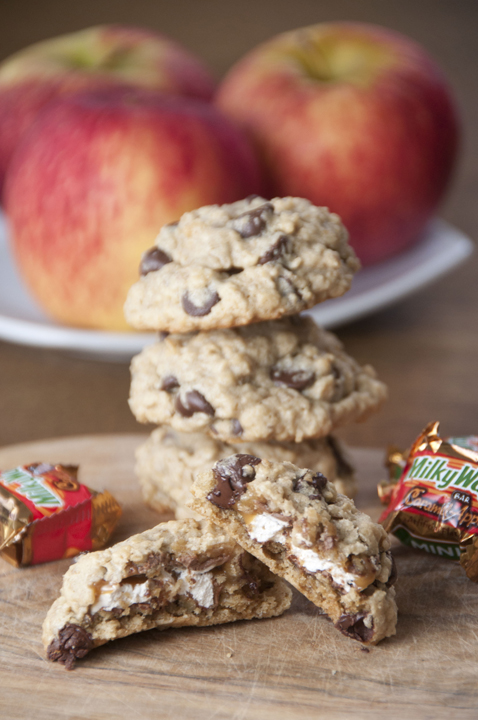 Ooey gooey stuffed cookies with chocolate and caramel apple Milky Ways make an easy and fun cookie for fall or Christmas.