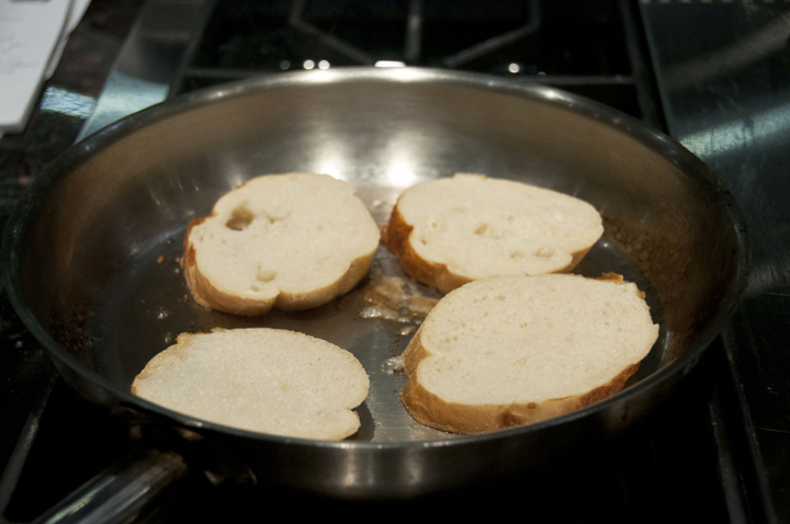 Pan frying bread for holiday bruschetta.