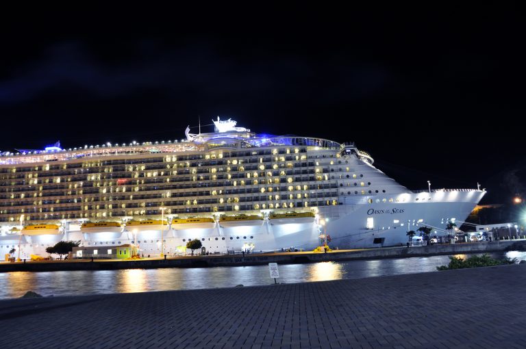 Oasis of the Seas all lit up at night while at port.