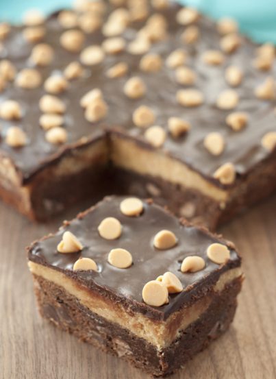 Dollops of peanut butter cookie dough mixture are spooned onto baked brownies and topped with creamy chocolate ganache. Meet your new favorite dessert in these Peanut Butter Cookie Dough Brownies!