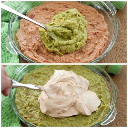 The steps in making 7 layer Mexican dip with guacamole, sour cream and bean layers.
