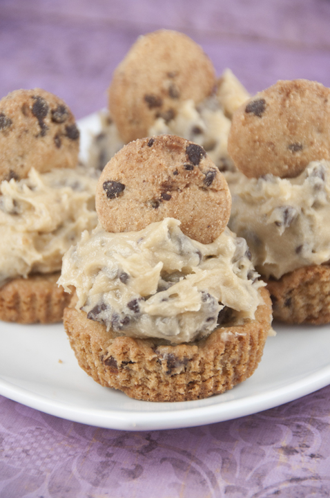 This is the ultimate chocolate dessert cookie cup recipe: thick Chocolate Chip Cookie Cups with Cookie Dough Frosting baked in a cupcake tin with rich, egg-free chocolate chip cookie dough mounded on top.