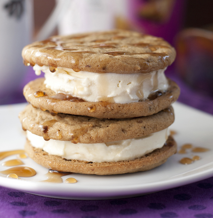 Coffee French Toast Ice Cream Sandwich recipe with breakfast flavors: French Toast-flavored ice cream and coffee cookies.