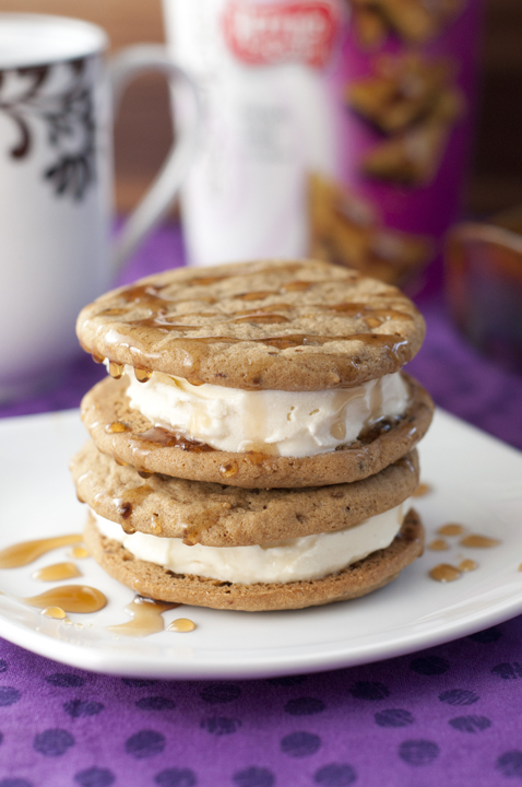 Coffee French Toast Ice Cream Sandwiches are French Toast-flavored ice cream in the middle of two delicious coffee-flavored brown sugar cookies and are drizzled with maple syrup.