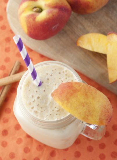 Rich and creamy Peach Pie Protein Shake packed full of protein and tastes like a slice of peach pie in a glass!