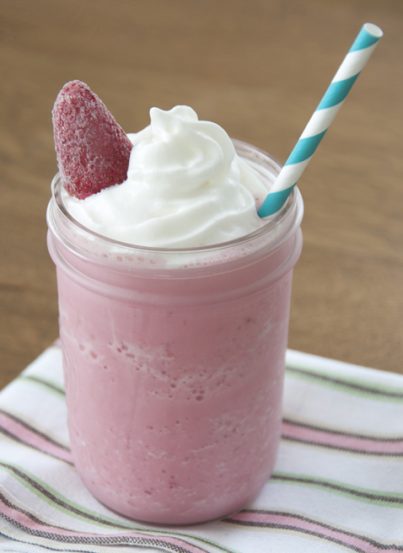 This is my version of the Starbucks Coffee Strawberries & Creme Frappuccino. This Strawberries and Cream Blended Drink is what originally got me hooked on Starbucks!