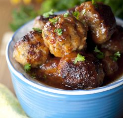 Brown Sugar Glazed Pork Meatballs serve as a party appetizer recipe or main course served over rice. With the sweet brown sugar BBQ glaze, these will disappear in no time at all!