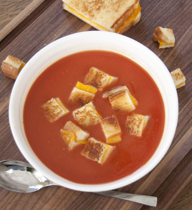 Easy Creamy Tomato Soup and Grilled Cheese Croutons is a great cold weather meal!
