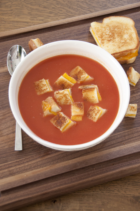 Fresh Tomato Soup with Grilled Cheese Croutons