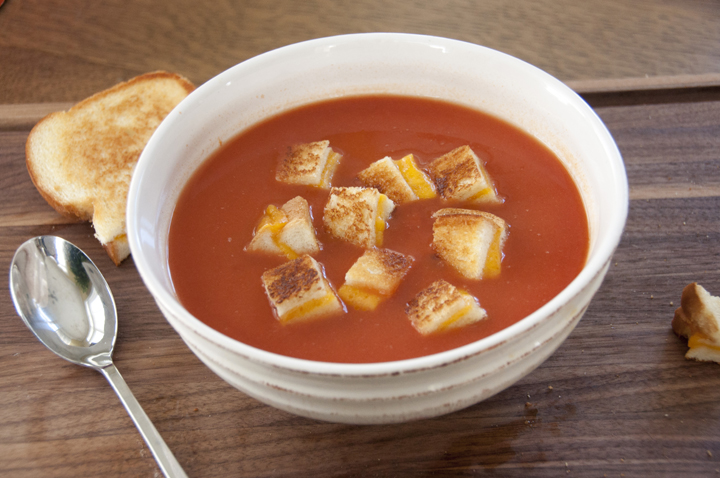 Easy Creamy Tomato Soup and Grilled Cheese Croutons is a great meal for when you're sick or need to warm up! Kids will love this.