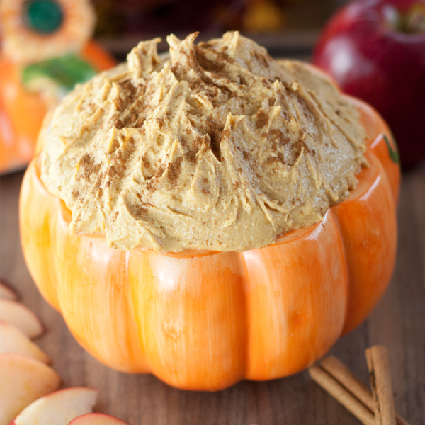 Easy recipe for Peanut Butter Pumpkin Greek Yogurt Dip for dipping fruit or graham crackers. Great healthy snack for Thanksgiving or fall!