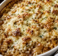 French Onion Rice Bake Recipe finished in the pan for Thanksgiving