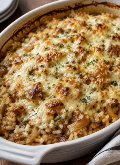 French Onion Rice Bake Recipe finished in the pan for Thanksgiving