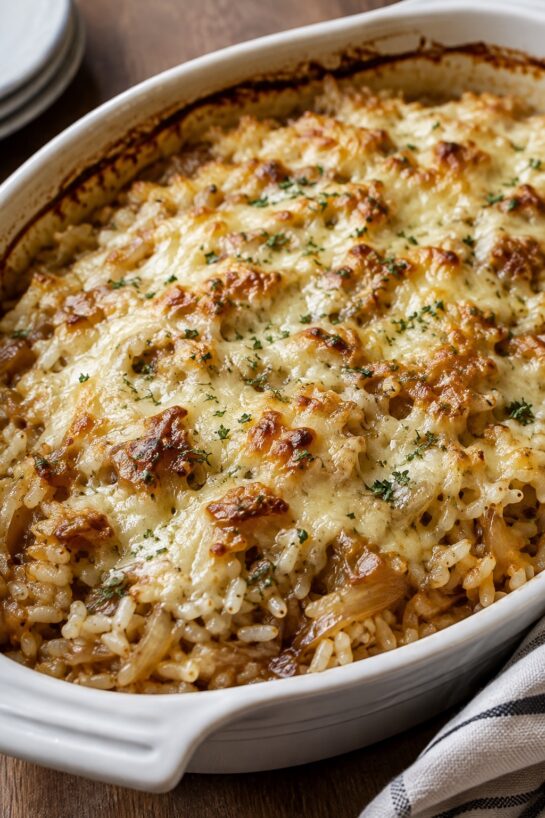 French Onion Rice Bake Recipe finished in the pan for Thanksgiving