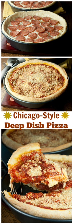 Recipe for Chicago-Style Deep Dish Pizza is an authentic Italian main course or appetizer recipe with a buttery crust, homemade tomato sauce, and plenty of melted mozzarella cheese! Your whole family will go crazy for this.