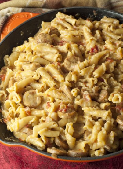 Creamy, Cheesy Chicken Sausage Pasta Skillet recipe is all made in one skillet and comes together in just 20 minutes!