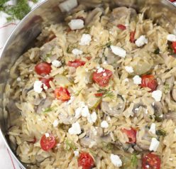 One-Pot Creamy Greek Orzo with Chicken Sausage recipe - nothing says comfort food like a big bowl of creamy pasta packed full of veggies. It has all the Greek flavors you will love!