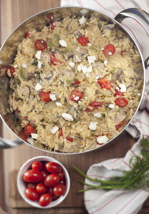 One-Pot Creamy Greek Orzo with Chicken Sausage | Wishes and Dishes