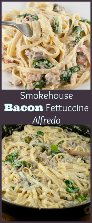Easy Italian Smokehouse Bacon Fettuccine Alfredo recipe is made in less than 30 minutes and is all the flavors of a creamy, smokey Alfredo sauce and crispy bacon!