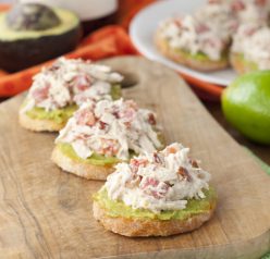 Avocado Chicken Salad Crostini is a quick and healthy appetizer recipe perfect for parties, showers and spring entertaining!
