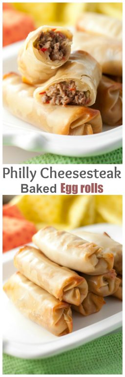 Philly Cheesesteak Baked Egg Rolls recipe with gooey, melted cheese and juicy beef makes for a tasty dinner or party appetizer ready in no time at all! They are baked, not fried!