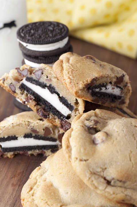 Huge, soft Oreo Stuffed Chocolate Chip Cookies are two of your favorite cookies turned into one totally sinful dessert recipe that everyone will adore!