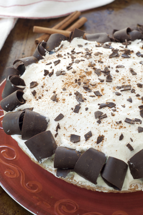 Easy No-Bake Cinnamon French Silk Pie, chocolate pie, recipe uses a homemade graham cracker crust OR ready-made pie crust, rich chocolate filling, sturdy, homemade whipped cream, and chocolate curls for a pretty presentation.