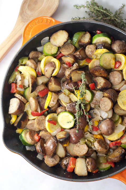 Sausage and Potato Summer Vegetable Skillet {Wishes & Dishes} in a skillet