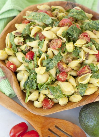 Avocado BLT Pasta Salad recipe is the popular combination of bacon, lettuce and tomato mixed with a creamy avocado dressing in this crowd-pleasing side dish!
