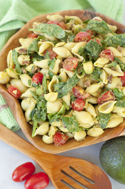 Avocado BLT Pasta Salad recipe is the popular combination of bacon, lettuce and tomato mixed with a creamy avocado dressing in this crowd-pleasing side dish!