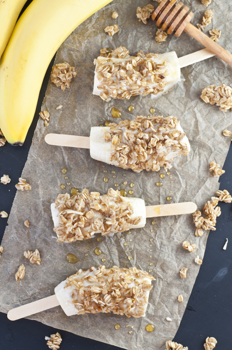 Banana Nut Yogurt Breakfast Pops are a healthy snack or breakfast idea for adults or kids with bananas, Greek yogurt, granola and drizzled with h