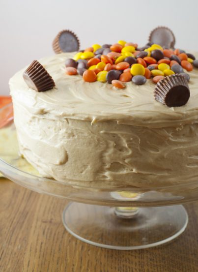 A 5-star dessert recipe for Reese's Double Peanut Butter Layered Cake topped with peanut butter frosting, Reese's Pieces, and Reese's peanut butter cups!