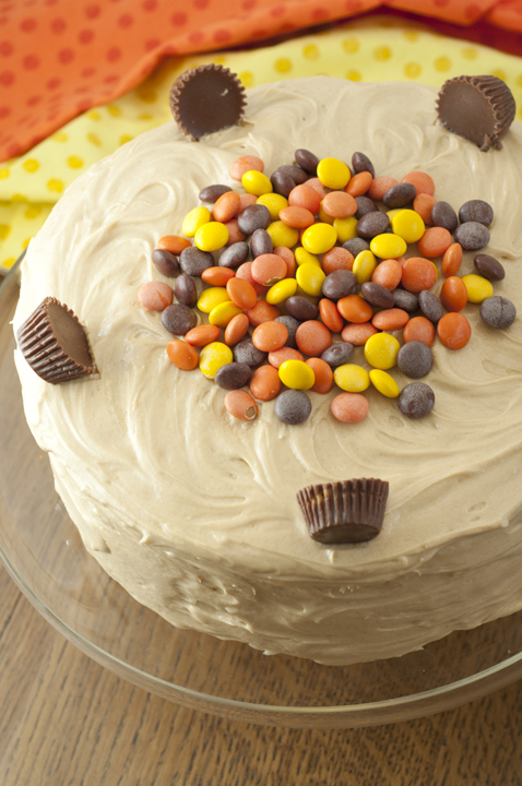 Easy 5-star dessert recipe for Reese's Double Peanut Butter Layered Cake topped with peanut butter frosting, Reese's Pieces, and Reese's peanut butter cups! It starts with a cake mix and is perfect for any holiday or birthday party!
