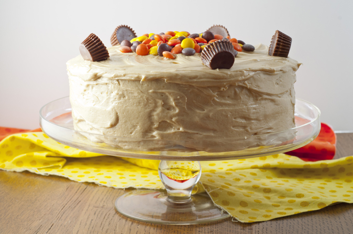 This 5-star dessert recipe for Reese's Double Peanut Butter Layered Cake topped with peanut butter frosting, Reese's Pieces, and Reese's peanut butter cups is a slice of heaven and perfect for any birthday party!!