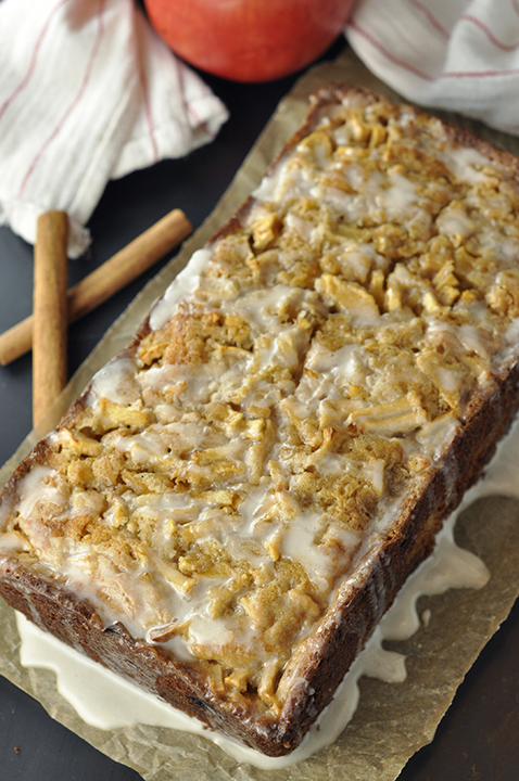 Caramel-Glazed Country Apple Fritter Bread recipe is a moist, sweet, delicious cake-like bread loaded with apple chunks and swirled with cinnamon sugar. This is the perfect autumn holiday breakfast or dessert!