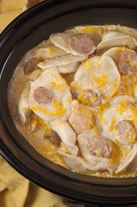 Crock Pot Sausage Pierogi Casserole | Wishes and Dishes