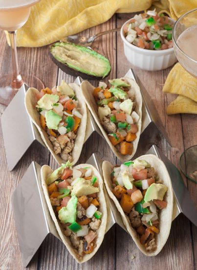 Colorful sweet potato tacos recipe is gluten free, vegetarian, and a healthy meal for Mexican food night.