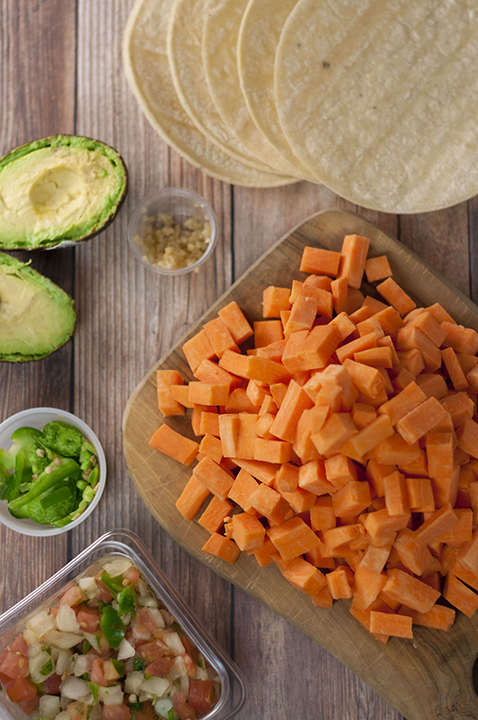 Meal prep ingredients to make sweet potato tacos.