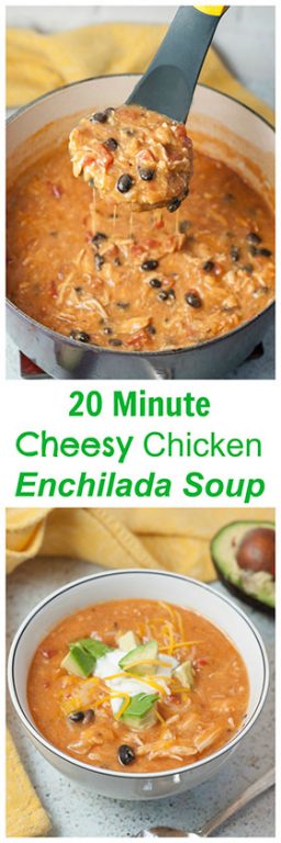 Flavorful and filling 20 Minute Cheesy Chicken Enchilada Soup recipe is super easy to cook up and full of the BEST flavors! This is very kid-friendly!