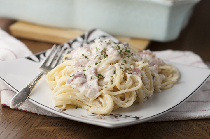 Creamy Baked Ham Fettuccine Alfredo is an easy to make comfort food pasta dinner using leftover ham that will leave your family asking for seconds!