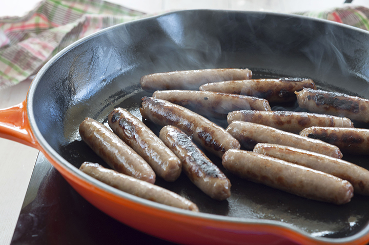 Cooking breakfast sausage in the cast iron skillet.