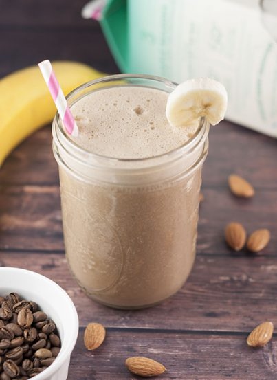 Healthy Banana Almond Mocha Coffee Shake recipe without all the sugar and empty calories and with just enough caffeine to give you energy to start your day!
