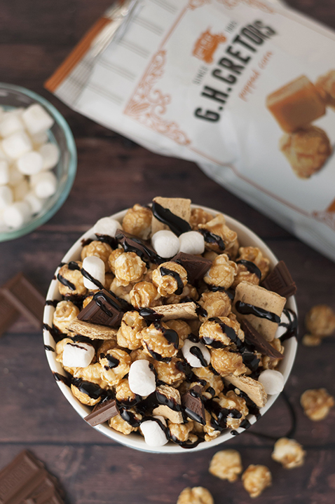Caramel S'mores Popcorn snack recipe is the perfect movie night snack made easy by using G.H. Cretors caramel popcorn!