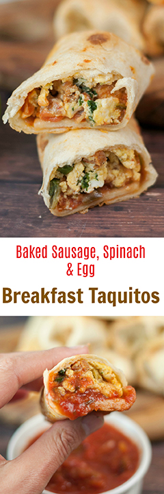 Baked Sausage, Spinach and Egg Breakfast Taquitos are crispy, cheesy, and the perfect easy recipe for a grab-and-go breakfast or "brinner"!