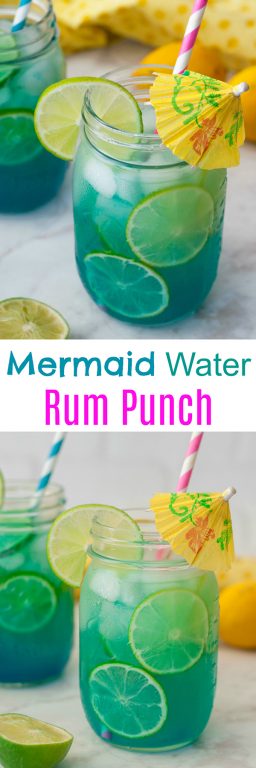 Mermaid Water Rum Punch Cocktail will make you feel like you're on a tropical island and perfect for a hot summer day. Multiply the ingredients to make a big batch for your next holiday party or picnic!