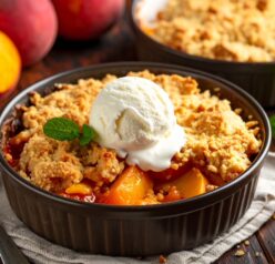 This easy slow cooker peach cobbler is the perfect Southern dessert! Made in the crock pot with sweet peaches and topped with vanilla ice cream—just set it and forget it.